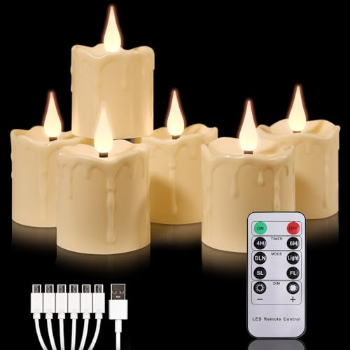 TechKen 6 velas LED recargables con mando a distancia y temporizador 4H/6H, función de parpadeo, luz de té LED, velas sin llama para Navidad y Halloween