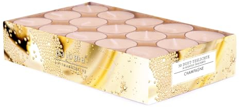 pajoma® Teelichte 30 Stück, Champagne | Duft-Teelichte in Polycarbonathülle, Brenndauer ca. 4 Stunden - Höhe 1,5 cm ø 3,5 cm | Premium Qualität | Deko, Gastronomie, Outdoor, Windgläser, Hochzeit