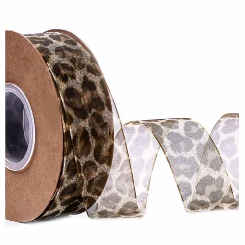 SHTGOI Leopardenmuster Organzaband 10 Yards/Rolle Tierdruck Chiffonband Schleifenband Leopard Print Organza Geschenkband Dekoband Weiches Transparentes Band für Basteln,Nähen,Geschenkpackung 40mm