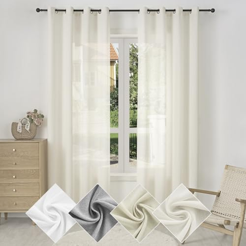 WOLTU Gardine mit Ösen, Vorhang für Wohnzimmer Schlafzimmer, Leinenoptik, Halbtransparent, modern, 135 x 175 cm, Weiß