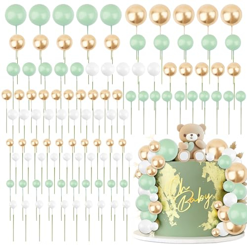 BETESSIN 105pcs Tortendeko Kugeln Happy Birthday Kuchendeko Schaumkugel Dschungel Deko Torte Grün Gold Weiß Torten Cupcake Topper Geburtstag Babyparty Hochzeit Kuchenstecker Kuchenaufsatz 1,5cm-4cm