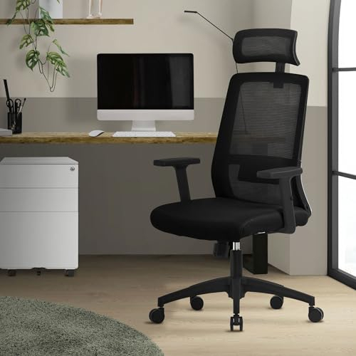 ML-Design Bürostuhl ergonomisch Schwarz, Mesh, Schreibtischstuhl mit Verstellbarer Lendenwirbelstütze, Kopfstütze & Armlehnen, Wippfunktion, Drehstuhl mit Rollen, Computerstuhl Chefsessel Gaming Stuhl