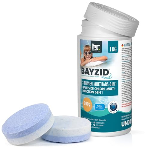 1 kg Bayzid Chlor Multitabs 6 in 1-200g Chlortabletten - 2 Phasen Wirkung zur Schockchlorung & Langzeitpflege - Desinfektion, Algenverhütung, Trübungsentfernung, Kalkvermeidung, pH-Wert