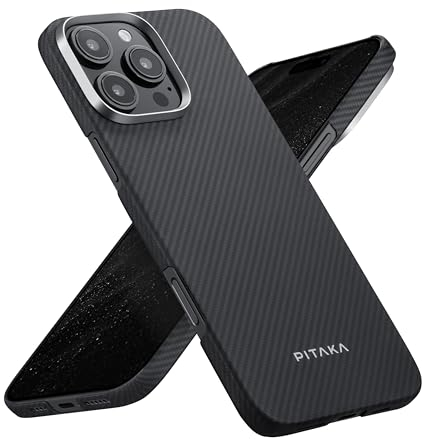 pitaka Ultradünne Hülle für iPhone 16 Pro aus Aramidfaser in Luftfahrtqualität Ultraleichte Handyhülle Kompatibel mit Magsafe Magnetische Schutzhülle mit Kameraschutz Schwarz/Grau