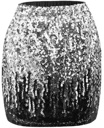 Kefiyis Glitzer Pailletten Rock Mit Elastischer Taille Und Futter - Für Karneval, Party, Rave - Silber/Grau/Schwarz - Größe M