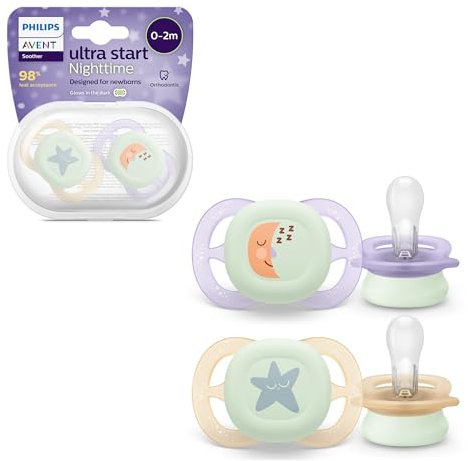 Philips Avent Ultra Start Nighttime Soothers, Orthodontic Dummies Designed for Newborns, Glow in The Dark, Silicone Symmetrical Teat, BPA Free, with Sterilising/Carrying Case, 2 Pack, Model SCF075/07
