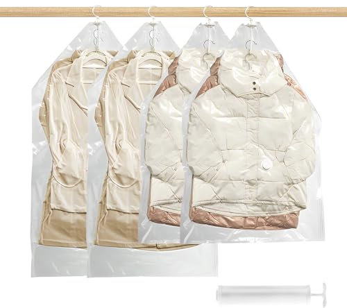 ASelected Hanging Vacuum Storage Bags,4 PCS Space-saving Vacuum Bag with hand pump,Clear and Reusable Closet Organizer for Clothes,Suits, Coats, Jackets or Dresses,Space Saver Vaccum Bags