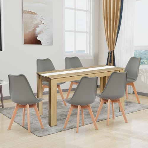 FURNITABLE Juego de 6 sillas de comedor y mesa de comedor rectangular de 140 cm, para salón, cocina, oficina (mesa de roble y blanco+6 sillas gris)