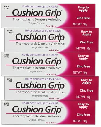 Cushion Grip Adesivo termoplastico per protesi, 9,9 g, formato da viaggio, rimonta e stringe protesi sciolte in movimento, adesivo non colla, agisce come un morbido reliner (confezione da 5)