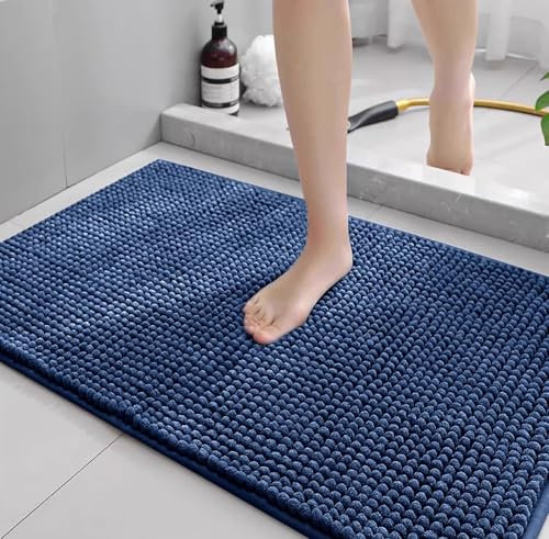 LEZUAN Badematte aus Chenille, Weich Badteppich, rutschfest Badvorleger, Absorbent Badezimmerteppich, Flauschig & Waschbar(Marineblau,50 x 80 cm)