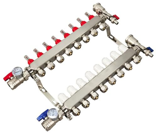 Collettore di riscaldamento radiante PEX Set di collettori di riscaldamento a pavimento radiante a 8 rami in acciaio inossidabile 304 Adattatori da 1/2 per riscaldamento a pavimento radiante idroni