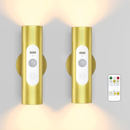 WOBSION Motion Sensor Wall Lights with Remote Control - Rechargeable Battery Operated Wall Sconces Indoor, LED Wireless Magnetic Wall Lamp Set of 2 for Stairs, Hallway, Bedroom, Living Room, Gold