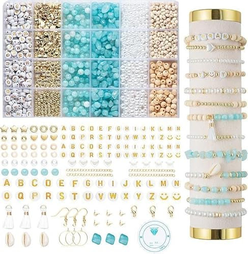 Perlen für Armbänder, Natürliche Amazonit Perlen zum Auffädeln mit Buchstabenperlen Zubehör, Edelstein Pearl Set mit Holzperlen, Boho Armbänd Schmuck Selber Machen Set für DIY Halsketten Handwerk (B)