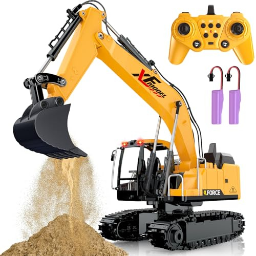 Shemira Jouet pelleteuse télécommandé, 13 canaux RC pour garçons de 3, 4, 5, 6, 7, 8 ans, camion de chantier avec pelle en métal et lumière