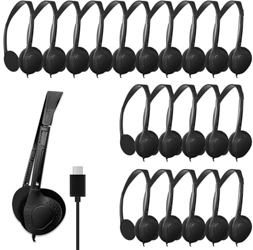 WAHUWAY USB-C Headphones, Black, 20 Pack | Bulk Suitable for Classroom, School, Children and Teenagers, Compatible with Pad and Smartphones