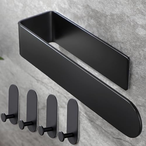 Taozun Towel Rail - Hand Towel Holder with 4 Pack Self Adhesive Hooks, SUS 304 Stainless Steel Bathroom Kitchen Accessory, No Drilling (Black）