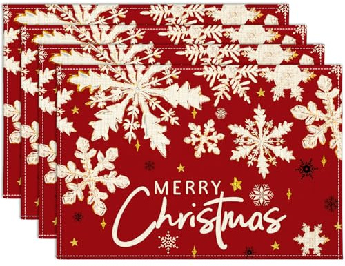 Sungeek Weihnachten Tischsets Abwaschbar 4er Set, Polyester Leinen Platzsets 30x45cm, Weihnachten Tischuntersetzer Platzdeckchen für Küche Speisetisch Hotel Weihnachtstischdeko (Schneeflocken)