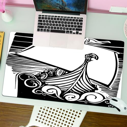 QRFASFZO Tapis de Souris Gaming - 30x80 cm - Tapis de Souris Esports - Ne Glisse jamais - Couverture complète du Bureau - Drakkar Nordique et Viking naviguant sur des Vagues tourbillonnantes Art thém