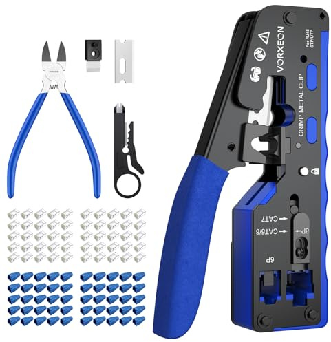 VORXEON Cat 7 Outil de sertissage professionnel RJ45 pour connecteurs réseau | 50 connecteurs LAN pass-through Cat7/Cat6A/Cat6/Cat5e RJ45 pour prises Ethernet