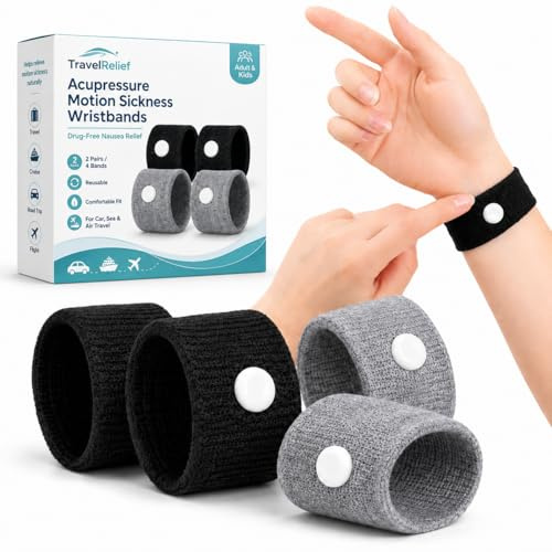 Pnrskter Reiseübelkeits-Armbänder, 2 Paare, für Auto, Schiff & Flug, Armbänder gegen Bewegungsübelkeit ohne Medikamente, für Erwachsene & Kinder, Grau & Schwarz