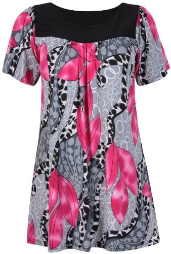 Womens Floral Print Ladies Short Sleeves Stretch Round Scoop Neckline Long Smock Tunic T-Shirt Top Plus Size