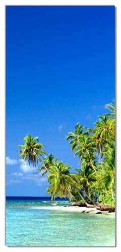 Wallario Selbstklebende Türtapete Blauer Himmel weißer Strand Palmen und das tiefblaue Meer - Türposter 93 x 205 cm Abwischbar, rückstandsfrei zu entfernen