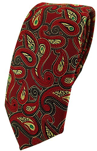 TigerTie schmale Designer Krawatte in rot gold grün schwarz Paisley gemustert