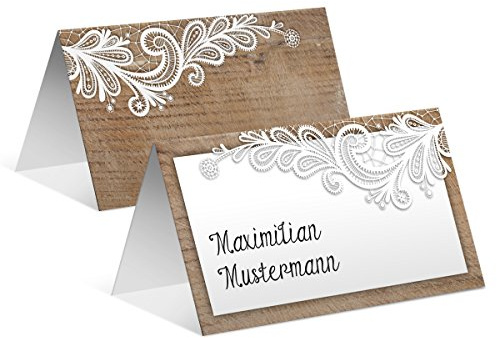 Tischkarten Hochzeit (40 Stück) - Rustikal mit weißer Spitze - Platzkarten Namenskarten