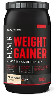 Body Attack Power Weight Gainer - 100% prise de masse, glucides et protein powder pour poids musculation avec whey protéine, idéal pour hardgainers - Mass gainer Cookies n Cream 1500g