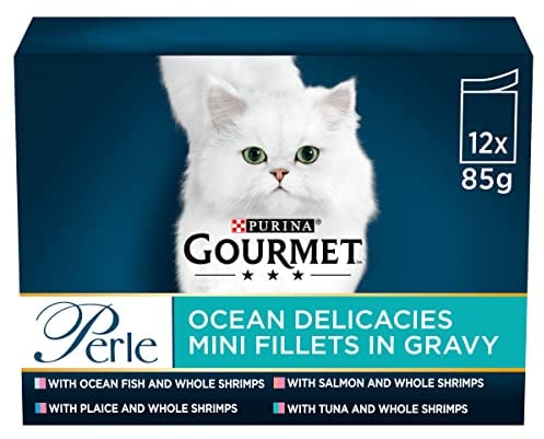 GOURMET Perle Mini Fillets in Gravy Ocean Delicacies (Salmon,Tuna,OceanFish,Plaice) Wet Cat Food Pouch 12x85g, Pack of 4