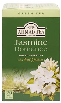 Ahmad Tea - Jasmine Romance - Grüner Jasmintee mit echten Jasminblüten - Einzeln Verpackte, Aromaversiegelte Teebeutel mit 2g Tee pro Portion - 20 Teebeutel mit Band