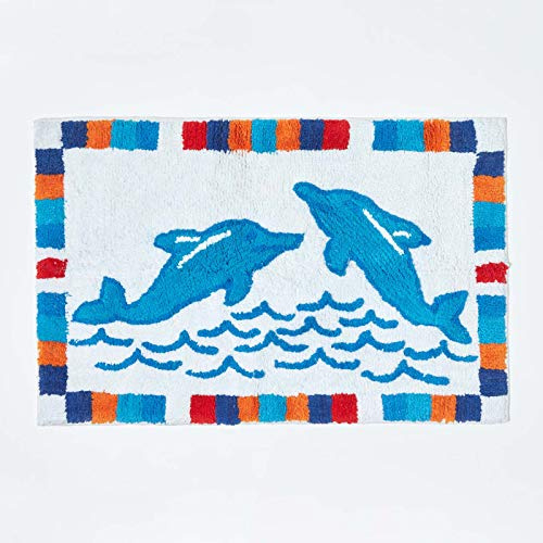 Homescapes Kinderteppich Delphin Bunter Teppich, Vorleger 50 x 85 cm. Farben: Blau und Weiß. Geeignet für Badezimmer oder Kinderzimmer.