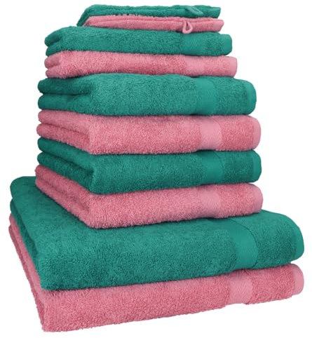 Betz 10-TLG. Handtuch-Set Premium 100% Baumwolle 2 Duschtücher 4 Handtücher 2 Gästetücher 2 Waschhandschuhe Farbe Altrosa & Smaragd