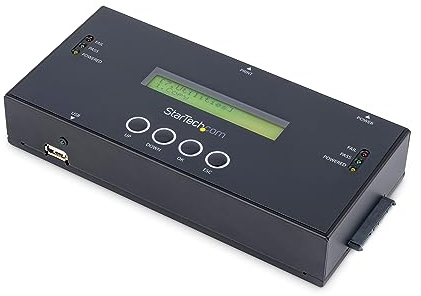 StarTech.com 1:1 Selbständige Festplatten Klonstation und Löscher, SAS und SATA HDD/SSD Kloner/Kopierer, Laufwerk Klonstation und Löschgerät, LCD Bildschirm, TAA Konform (SATSASDUPE11)