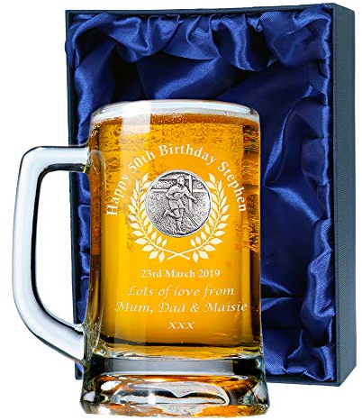 De Walden Men's 50th Birthday Gift, Engraved 50th Birthday Pint Glass Tankard with Pewter Rugby Player Feature, in a Satin Lined Presentation Box, Gift for Men's 50th Birthday
