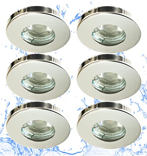 Trango 6er Set 6729IP-068MCOBSD LED Einbaustrahler IP44 aus Edelstahl poliert in Rund inkl. 6x 5 Watt 3 Stufen dimmbar LED Modul 3000K warmweiß Ultra flach für Bad, Außen, Deckenstrahler, Einbauspot