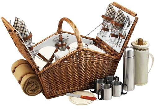 Picnic at Ascot Huntsman English-Style Willow Picnic Basket with Service for 4, Coffee Set and Blanket- Designed, Assembled & Quality Approved in the USA