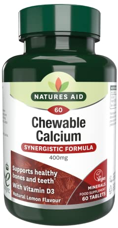 Natures Aid Chewable Calcium 400mg with Vitamin D3 – Supports Bones, Teeth & Immunity – High Strength, Vegan, Non-GMO, Gluten-Free, Natural Supplement – 60 Lemon Flavoured Tablets