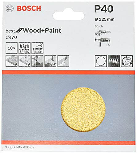 Bosch Professional Schleifblatt C470 Best for Wood+Paint 125mm Korn 40, 10 Stk., 2608605438