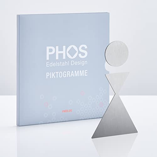 Damen WC Türsymbol, 11 cm Höhe, Toilettenschild Piktogramm mit Design Awards, Edelstahl matt, selbstklebend, WC Symbol, Frauen Türschild silber, Hinweisschild 100% Made in Germany - PHOS Design