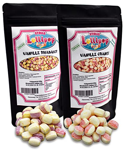 Stalls Lollypop 500g Leckere Fruchtbonbons – 250g Vanille Orange & 250g Vanille Rhabarber