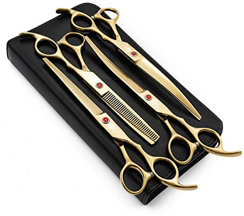 Purple Dragon Professionelles 7,0 Zoll 4PCS Pet Grooming Schere Kit Japan Premium-Stahll Gerade & Gebogene & Ausdünnende Klinge Hundehaarschneideschere Set mit Etui (Golden)