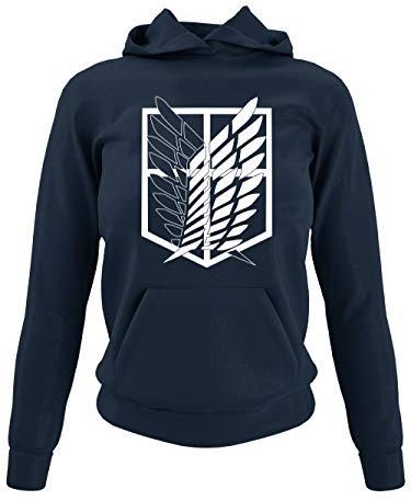 clothinx AOT Scouting Legion Anime und Manga Design mit Titan Aufklärungstrupp Wappen-Schild Perfekt für Cosplay Fans und die nächste Convention Damen Kapuzen-Pullover Navy Gr. S