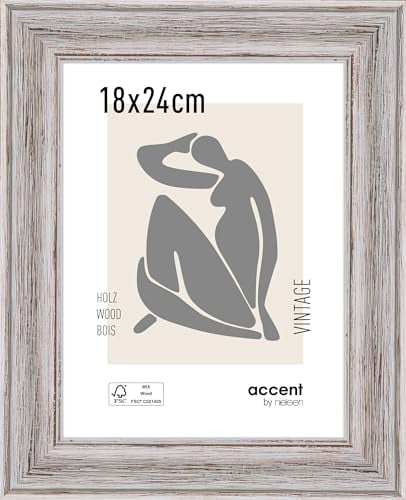 accent by nielsen Bilderrahmen, 18 x 24 cm, Holz, Weiß, Fotorahmen zum Auftstellen und Aufhängen im Hoch- & Querformat, Echtglas, Vintage