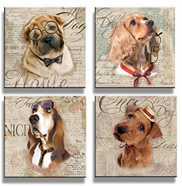 Visario Bilder auf Leinwand 4 Stück 20 x 20 cm 4 Teile Modell-Nr. 6905 Bild Hunde fertig gerahmt auf echtem Holzrahmen. Ausführung Kunstdruck als Wandbild auf Rahmen.