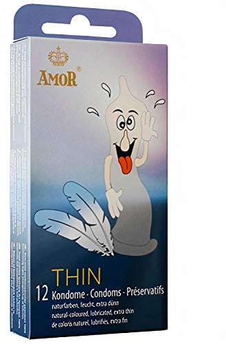 AMOR Kondome Thin 12er Pack I 53 mm Breite I Premium Kondome extra feucht I Kondome gefühlsecht hauchzart I extra dünne 0,055mm Wandstärke & Naturfarben I Kondome für Männer I Condoms for Men