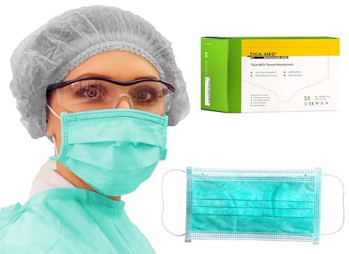 Tiga-Med OP Masken Typ IIR 50 Stück Grün – 3-lagige Einwegmasken nach DIN EN 14683 mit Ohrschlaufen & Nasenbügel – BFE >98%, latexfrei & glasfaserfrei