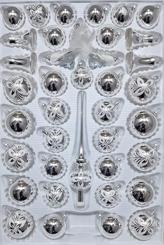 Lauschaer Glas Christbaumschmuck Sortiment mit klingenden Glocken Silber mit weißen Blumen 39 Teile Christbaumschmuck Weihnachtsschmuck mundgeblasen,handdekoriert