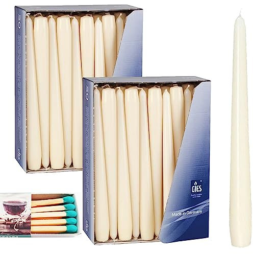 100 Spitzkerzen, Champagner, Elfenbein, Premium-Qualität von Gies, Tischkerze, mit Stearin, Sparpack