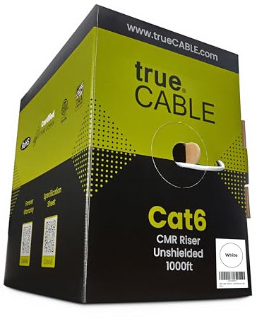 TRUE CABLE Cat6 Riser (CMR), 1000ft, White, 23AWG 4 Pair Solid Bare Copper, 550MHz, ETL Listed, Unshielded Twisted Pair (UTP), Bulk Ethernet Cable